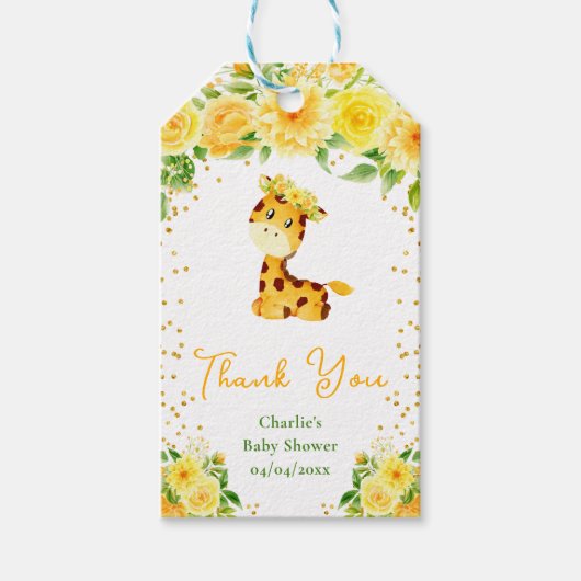 Giraffe Yellow Floral Baby Shower Thank You ギフトタグ (正面)