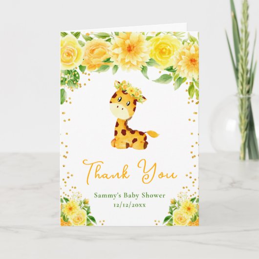 Giraffe Yellow Floral Baby Shower Thank You サンキューカード (正面)