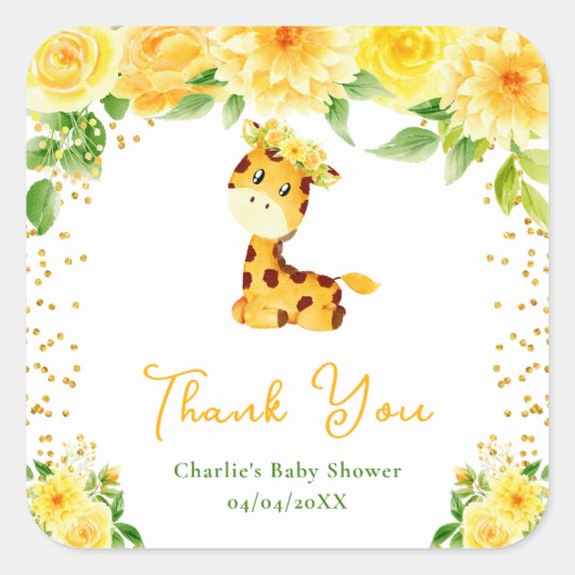 Giraffe Yellow Floral Baby Shower Thank You スクエアシール (正面)
