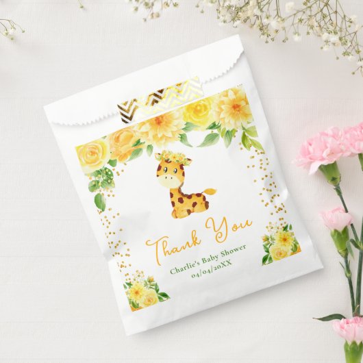 Giraffe Yellow Floral Baby Shower Thank You フェイバーバッグ (封をした状態)