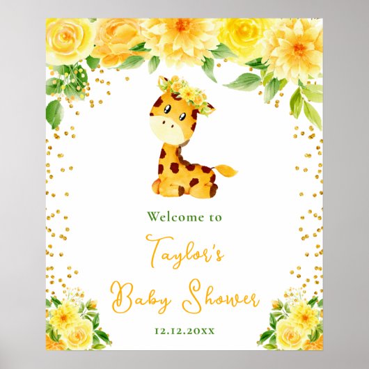 Giraffe Yellow Floral Baby Shower Welcome ポスター (正面)