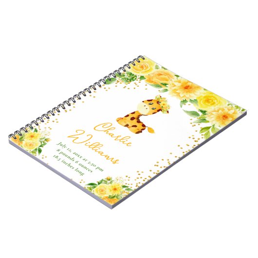 Giraffe Yellow Floral Birth Statistics ノートブック (左側)