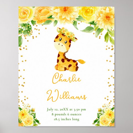 Giraffe Yellow Floral Birth Statistics ポスター (正面)