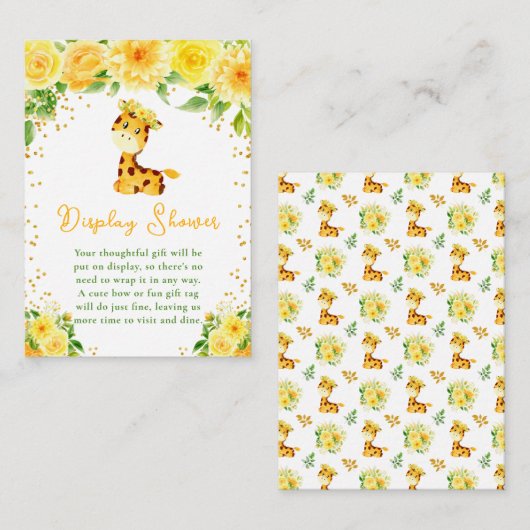Giraffe Yellow Floral Display Baby Shower エンクロージャーカード (正面/裏面)