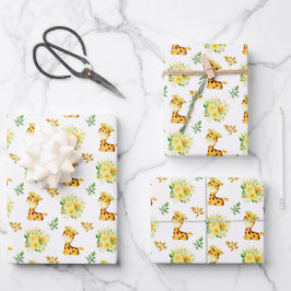 Giraffe Yellow Floral Flowers ラッピングペーパーシート