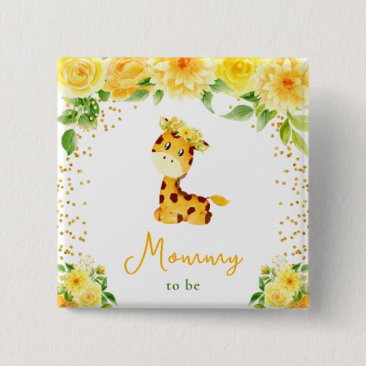 Giraffe Yellow Floral Mommy To Be 缶バッジ (正面)