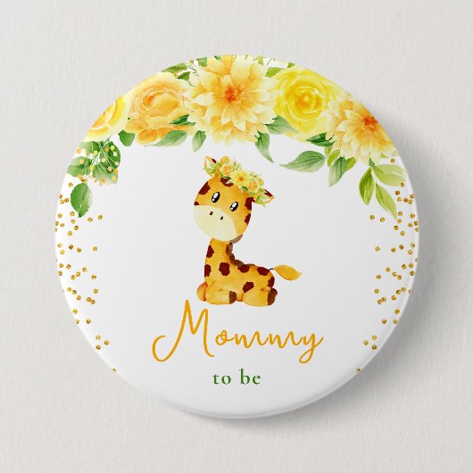Giraffe Yellow Floral Mommy To Be 缶バッジ (正面)