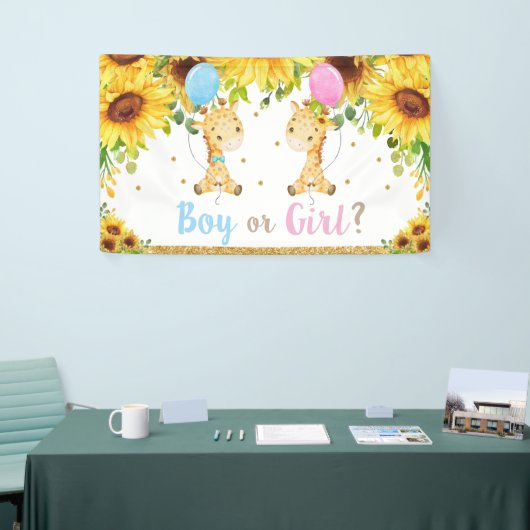 Giraffesジェンダーが赤ちゃんシャワーの男の子または女の子を明らかにする 横断幕 (トレードショー)