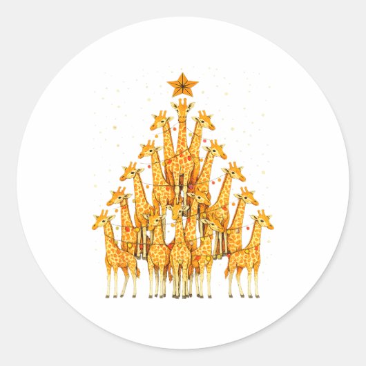 Giraffes Forming Christmas Tree Lights Star Safari ラウンドシール (正面)