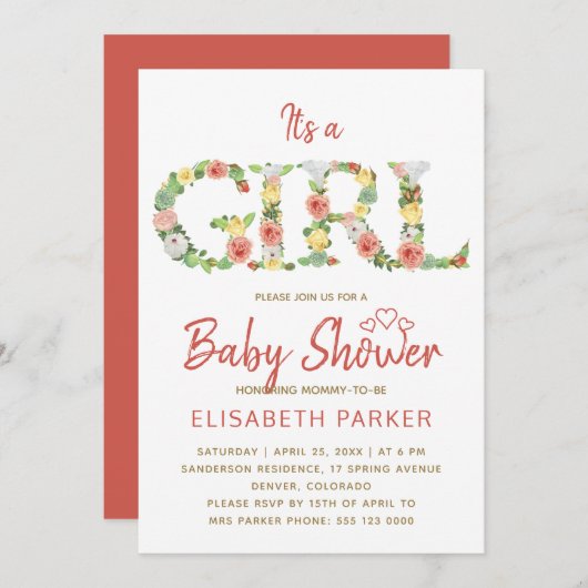 GIRLフローラアルファベットのスクリプトのベビーシャワー 招待状 (正面/裏面)