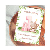 Girl 1st Birthday Greenery Teddy Bear Card カード