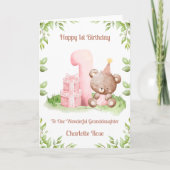Girl 1st Birthday Greenery Teddy Bear Card カード (正面)