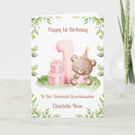 Girl 1st Birthday Greenery Teddy Bear Card カード (正面)