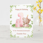 Girl 1st Birthday Greenery Teddy Bear Card カード (黄色い花)