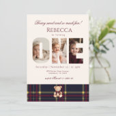 Girl 1st Birthday Teddy Bear Photo Winter 招待状 (スタンド正面)