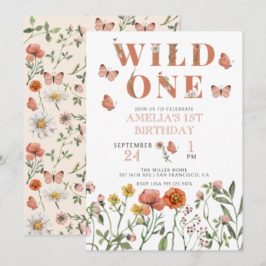 Girl 1st Birthday | Wild One Invitation 招待状 (正面/裏面)