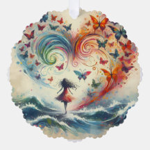 Girl above ocean waves with Butterflies