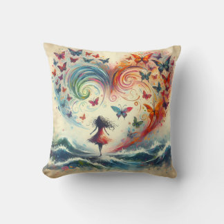 Girl above ocean waves with Butterflies  クッション