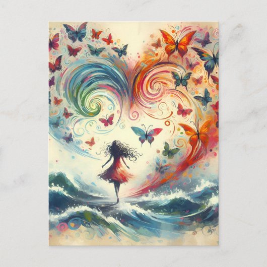 Girl above ocean waves with Butterflies ポストカード (正面)