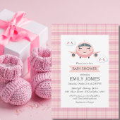 Girl Airplane Clouds Cute Baby Shower Pink Grey 招待状