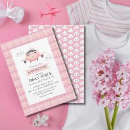 Girl Airplane Clouds Cute Baby Shower Pink Grey 招待状