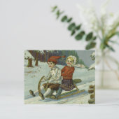 Girl and boy enjoy a sleigh ride illustration ポストカード (スタンド正面)