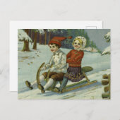 Girl and boy enjoy a sleigh ride illustration ポストカード (正面/裏面)