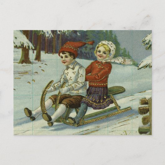 Girl and boy enjoy a sleigh ride illustration ポストカード (正面)