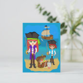Girl and Boy Pirates with Ship onビーチはがき ポストカード (スタンド正面)