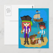Girl and Boy Pirates with Ship onビーチはがき ポストカード (正面/裏面)