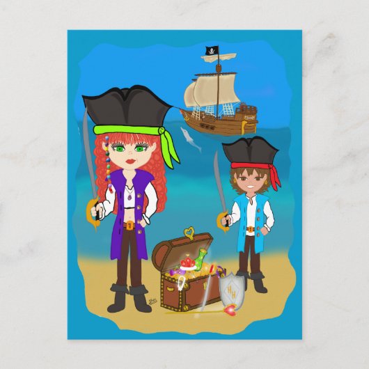 Girl and Boy Pirates with Ship onビーチはがき ポストカード (正面)