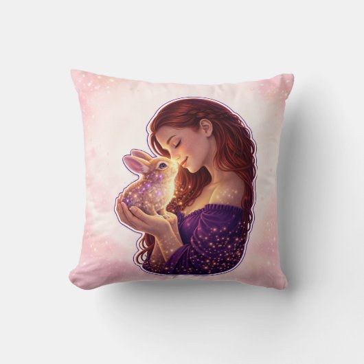 Girl and Bunny Love Throw Pillow クッション (正面)
