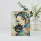 GIRL AND CAT ART JIGSAW PUZZLE ポストカード (スタンド正面)