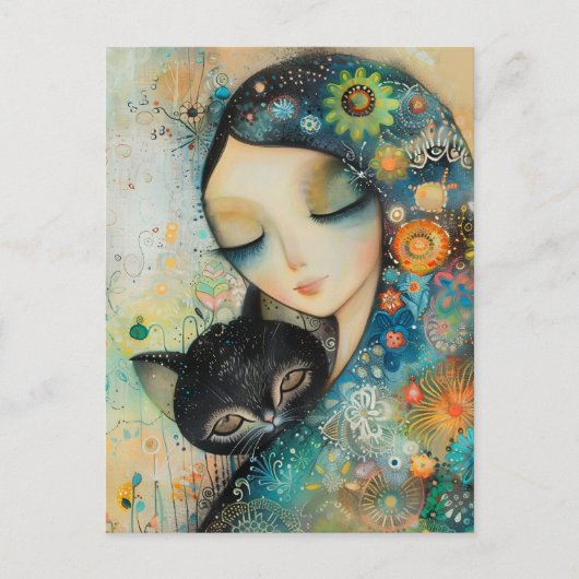GIRL AND CAT ART JIGSAW PUZZLE ポストカード (正面)