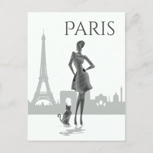 Girl and Cat in Paris withエッフェル・タワーグレー ポストカード