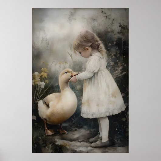 Girl And Duck Vintage Art Print, Rustic ポスター (正面)