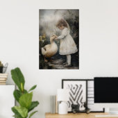 Girl And Duck Vintage Art Print, Rustic ポスター (ホームオフィス)