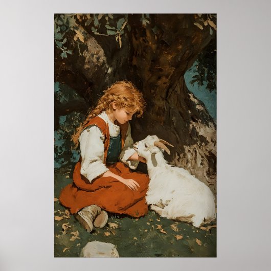 Girl And Goat Print, Antique Printable Art, Rustic ポスター (正面)