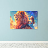 Girl and Lion - Children's Wall Art, 威厳のある Lion キャンバスプリント (インサイチュ (ウッドフロア))