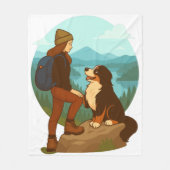 Girl and Mountain Dog Adventure Illustration フリースブランケット (正面)