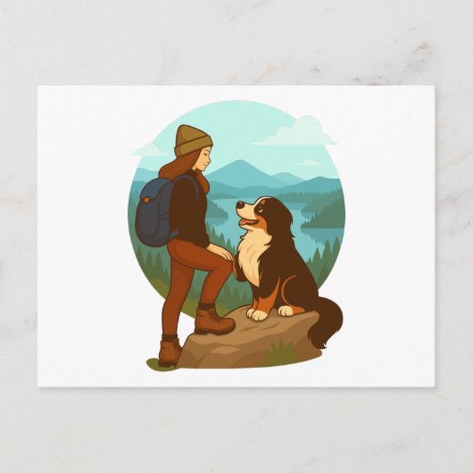 Girl and Mountain Dog Adventure Illustration ポストカード (正面)