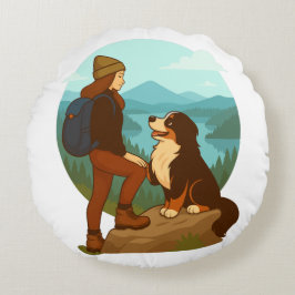 Girl and Mountain Dog Adventure Illustration ラウンドクッション