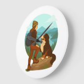 Girl and Mountain Dog Adventure Illustration ラージ壁時計 (傾斜)