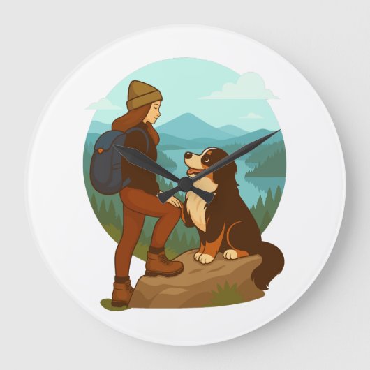 Girl and Mountain Dog Adventure Illustration ラージ壁時計 (正面)