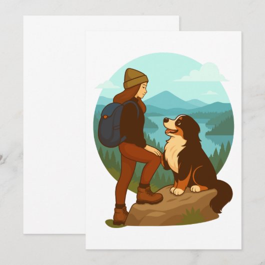 Girl and Mountain Dog Adventure Illustration 招待状 (正面/裏面)