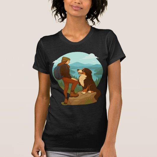 Girl and Mountain Dog Adventure Illustration Tシャツ (正面)