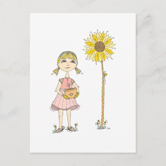 Girl and Sunflower Postcard ポストカード (正面)