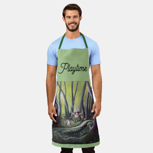 Girl and Wolf Cub Whimsical Art  エプロン (着用した状態)