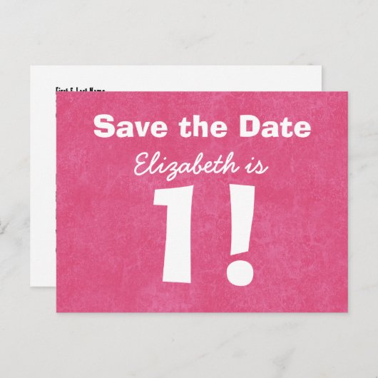 GIRL B4Eのために日付ピンクの白を保存する1st誕生日 案内ポストカード (正面/裏面)