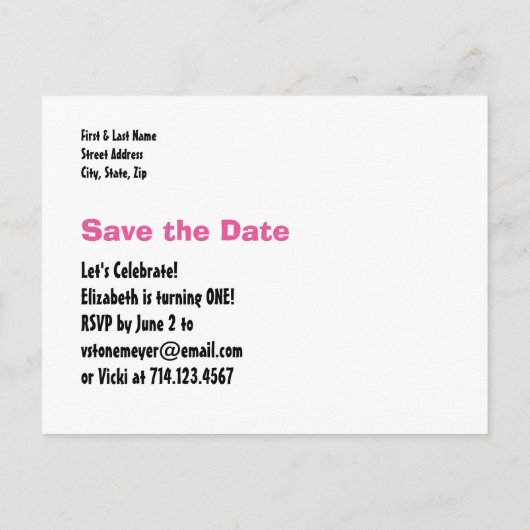 GIRL B4Eのために日付ピンクの白を保存する1st誕生日 案内ポストカード (裏面)